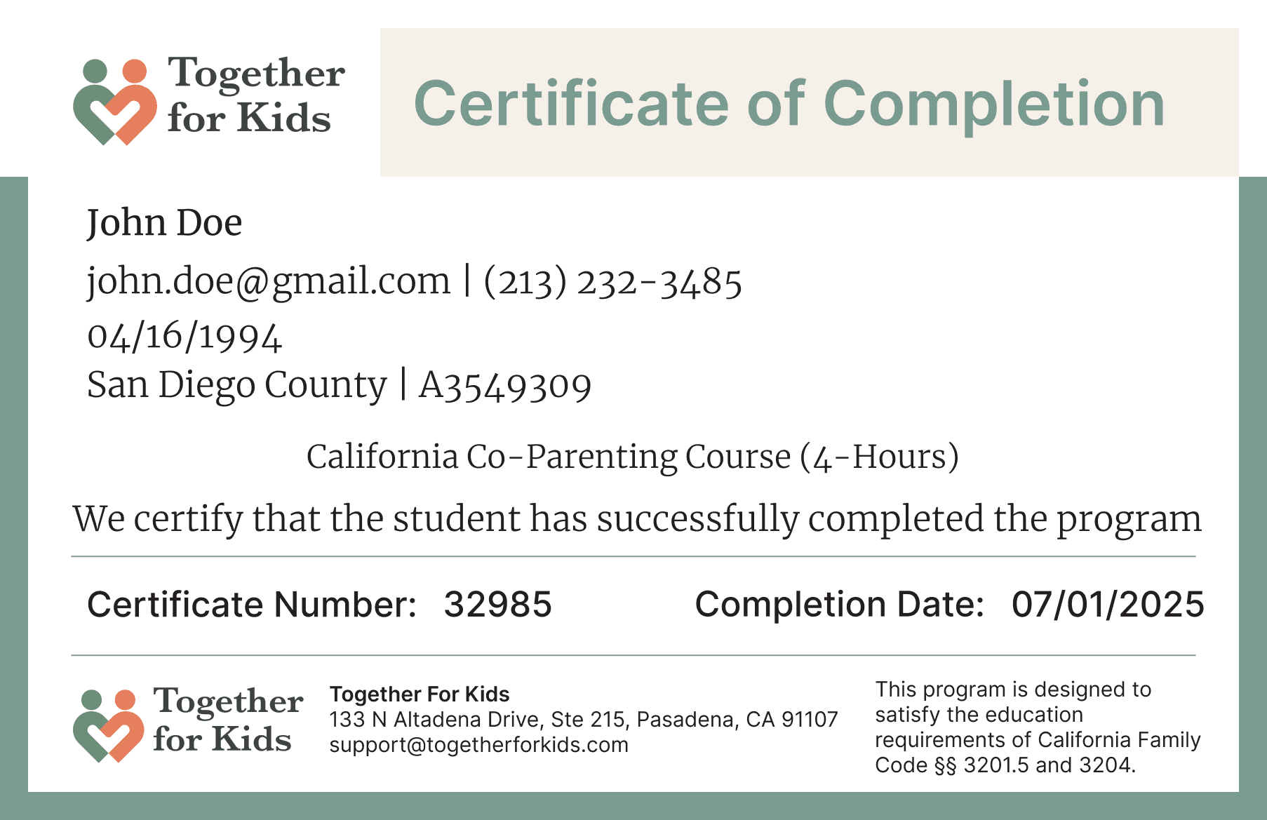 Sample certificate